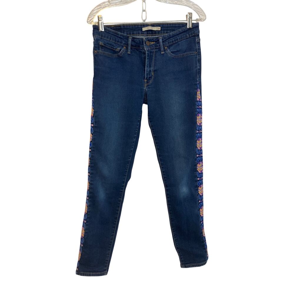 Levi’s 711 Skinny Reworked Upcycled Patchwork Trim Mid Rise Denim Blue Jeans